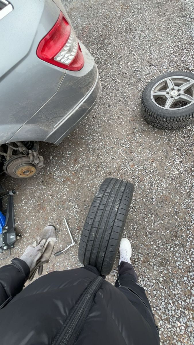 Roadside tire change in progress